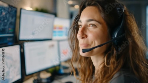 Smiling woman dispatcher working at a call center, using headset