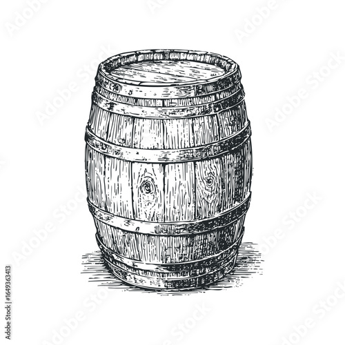 Vintage Wooden Barrel with Metal Hoops Engraved Style
