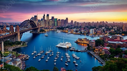 A vibrant sunset view of Sydney's skyline with the iconic bridge and harbor filled with boats.