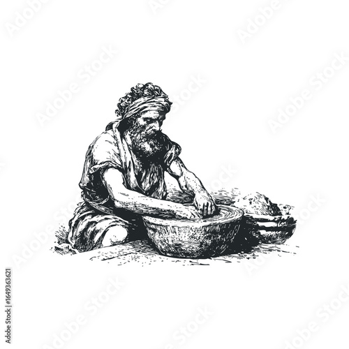 Elderly Arab man with beard and head covering kneading dough in a large bowl
