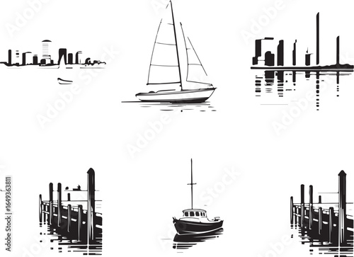 Sleek sailboat glides past city skyline and docks