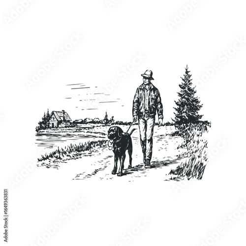 Man walks dog on leash near waterfront cabin and pine tree