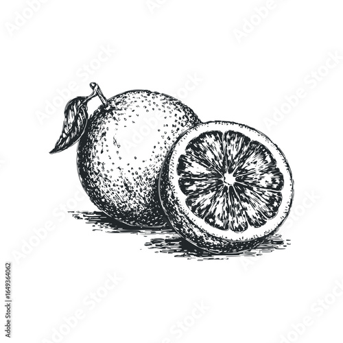 Sketch of Whole and Halved Citrus Fruit with Leaf