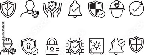 Set of security and safety illustration vector — icons featuring shields, locks, alerts, and protective gear for digital and physical protection themes,line art