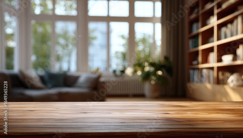 Wooden table in front of a blurred living room with large windows