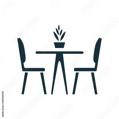 Dark Blue Silhouette of a Table With Two Chairs and a Potted Plant furniture 1