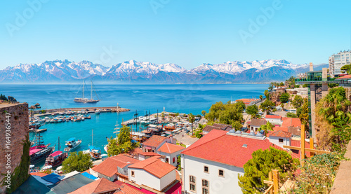 Fototapeta Naklejka Na Ścianę i Meble -  Aerial view of Antalya old town or harbour (Kaleici), Bay with ships and boats in summer - Antalya, Turkey 