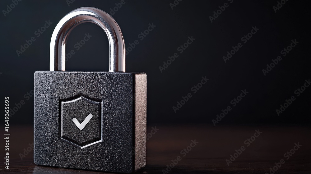 Fototapeta premium legal intellectual property enforcement concept. Secure padlock with a shield symbol on a dark background.