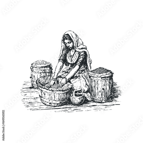 Indian Woman sorting grains by hand in wooden tubs and barrels