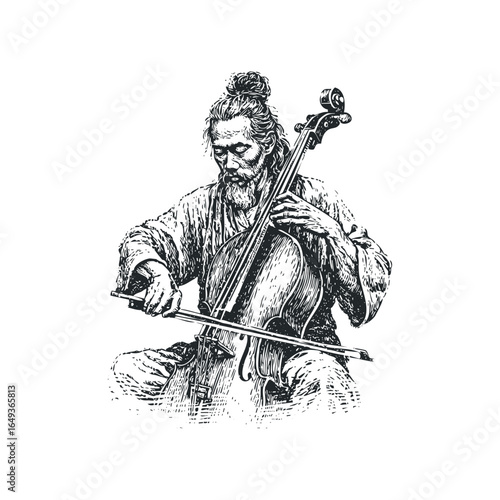Asian man playing cello with bow in a detailed woodcut style