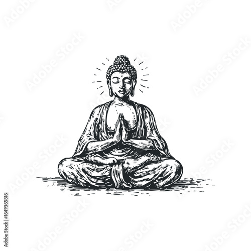 Black and white sketch of meditating Buddha in lotus position