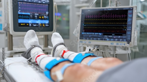Medium shot highlighting patients legs secured on tilttable with clinician monitoring ECG display emphasizing assessment of longCOVID autonomic issues.