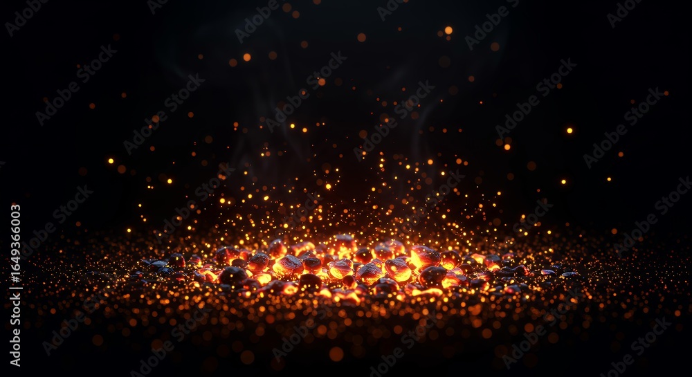 Naklejka premium Glowing hot ember coals with sparks and bokeh particles on black background abstract fire concept