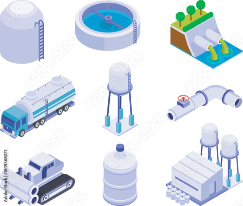 Water Purification Isometric Icon Set – Filtration, Treatment, and Clean Water Solutions