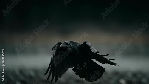 Slow motion video of black raven in flight. Majestic crow with spread wings soaring over dark background. Wildlife nature footage of mysterious corvid bird
