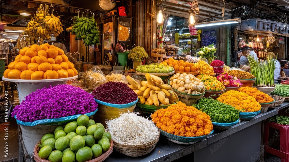 Obraz premium Vibrant Market Display of Fresh Fruits and Colorful Vegetables in an Asian Street Market