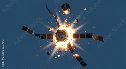 Dramatic satellite explosion illuminates the dark sky, showcasing the power of destruction and