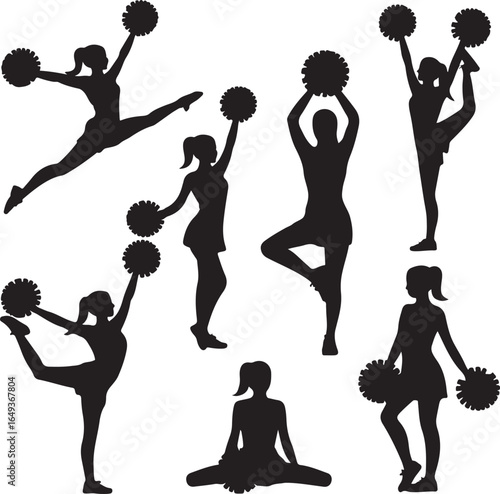Seven cheerleader silhouettes in dynamic poses with pom poms and yoga pose Keywords: cheerleader