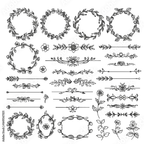 Rustic and Sketchy Botanical Elements for Wedding Invitations and Logos
