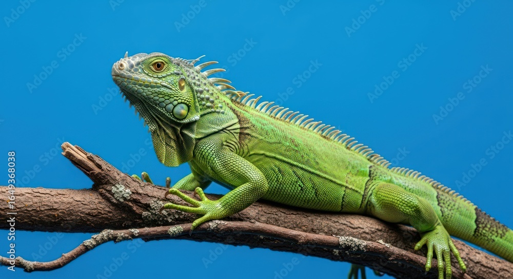 Naklejka premium Green iguana basking on a branch with vibrant blue background portrait photograph