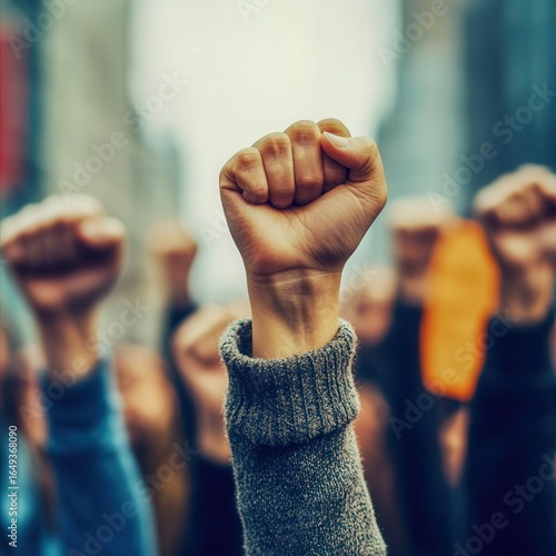 group of protesters holding fists up in solidarity, urban background, , powerful imagery
