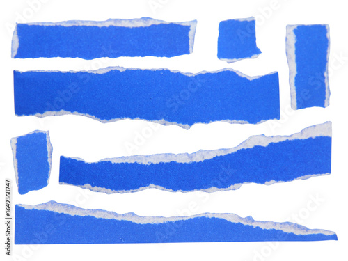 set of pieces of torn or cut blue paper, design elements isolated on white background.