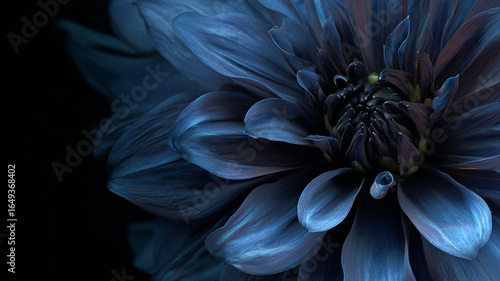 Deep cobalt blue flower with petals fading into black, creating dramatic and mysterious atmosphere. intricate details of bloom are highlighted by faint light, enhancing its beauty