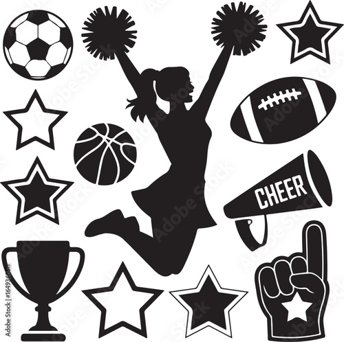 Cheerleader Jumping with Pom Poms Surrounded by Sports Icons and Stars cheerleading silhouette