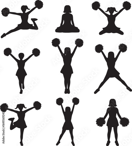 Nine Cheerleader Silhouettes In Different Poses With Pom Poms On White cheerleading female