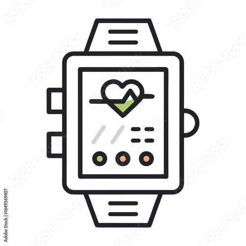 Smartwatch displaying heart rate and fitness data with a clean outline design