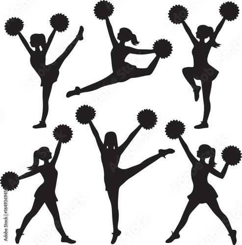Six Cheerleader Silhouettes In Dynamic Poses With Pom Poms On White Background cheerleading female
