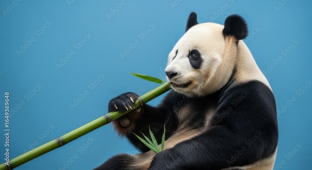 Naklejka premium A portrait of a giant panda munching on bamboo against a cyan blue background showing its fluffy