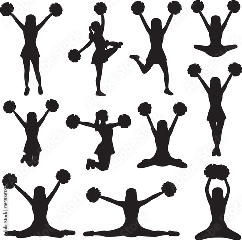 Set Of Cheerleader Silhouettes Performing Various Dynamic Poses With Pom Poms Keywords: cheerleading