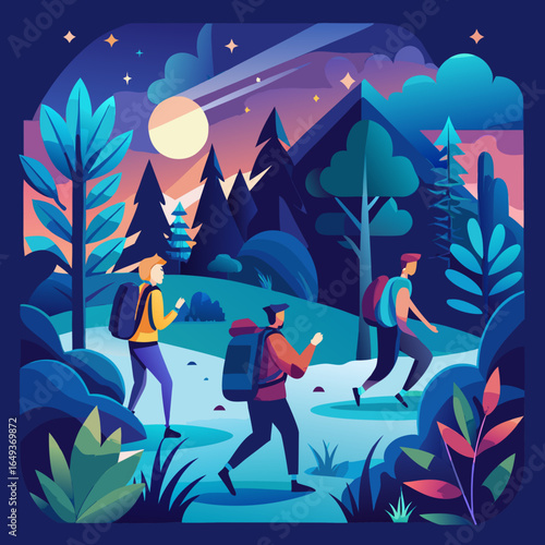 Group Hiking Through Enchanted Forest Vector Illustration