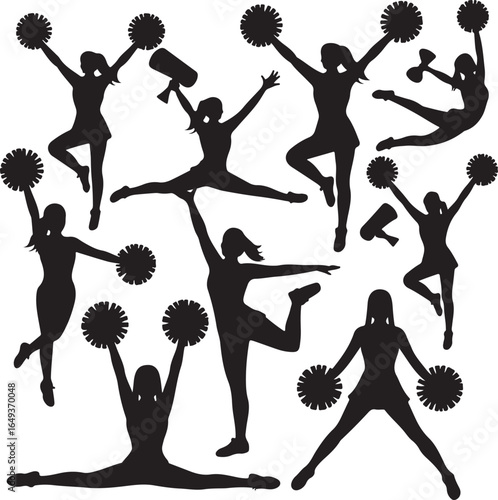 Dynamic Cheerleader Silhouettes With Pom Poms And Megaphones Keywords: cheerleading, cheerleader