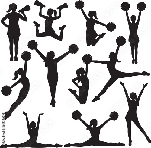 Cheerleader Silhouettes Performing Various Dynamic Poses With Pom Poms Keywords: cheerleading