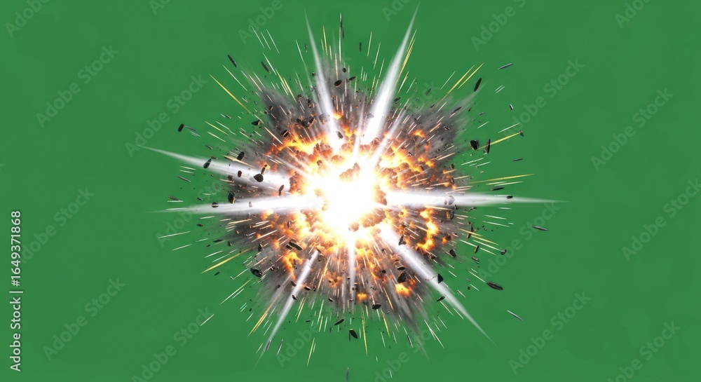 Obraz premium Dynamic impact explosion with fiery burst and splintering debris against green screen