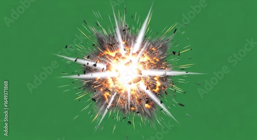 Dynamic impact explosion with fiery burst and splintering debris against green screen