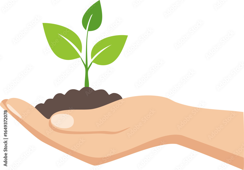 Minimal non realistic art of a hand supporting fresh green leaves growing from soil, bright clean composition Minimal non realistic art of a hand supporting fresh green leaves growing from soil, bright clean composition