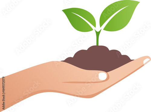 Artistic flat illustration of a hand cupping soil and a sprouting seedling, soft gradient shading, white background