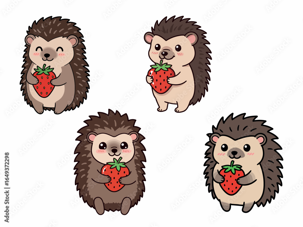 Fototapeta premium Chibi Hedgehog Holding Strawberry Cute Cartoon Animal