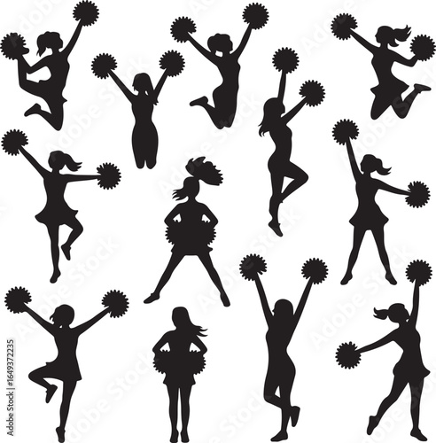 Group Of Cheerleader Silhouettes In Active Poses With Pom Poms cheerleading sport