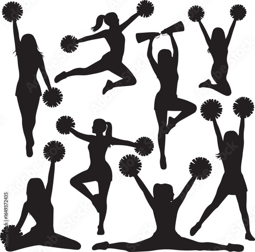 Silhouette cheerleaders with pom poms and megaphone on white background cheerleading pompons