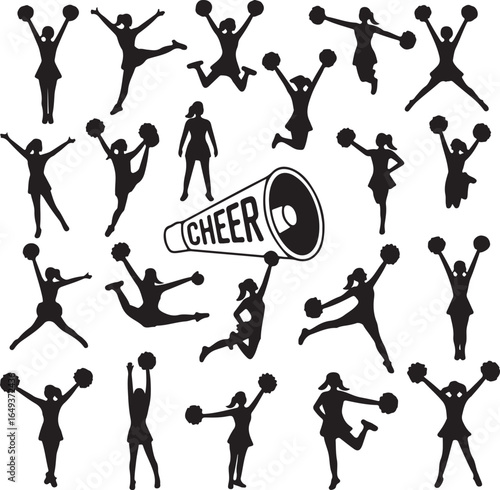 Cheerleader Silhouettes And Megaphone Graphic In Dynamic Poses cheerleading sport