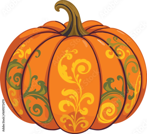 Ornate Autumn Pumpkin: Festive Fall Harvest Design Element, pumpkin, orange, yellow, green, brown, autumn, fall, thanksgiving, halloween, decorative, ornate, swirls, floral, design