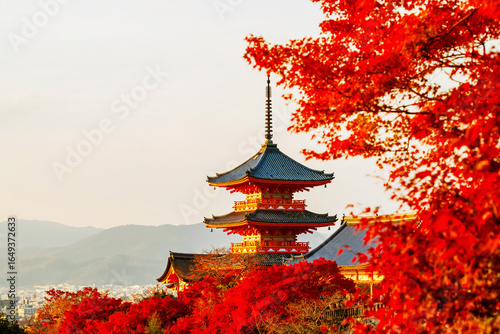 Kiyomizu dera orange pagoda with red maple autumn leaf at sunset, Kyoto