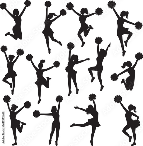 Collection Of Cheerleader Silhouettes In Energetic Poses With Pom Poms cheerleading sport