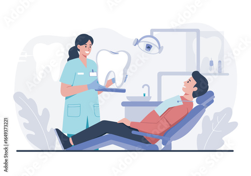 Friendly dentist explaining procedure to patient in modern clinic, promoting dental health and positive experience