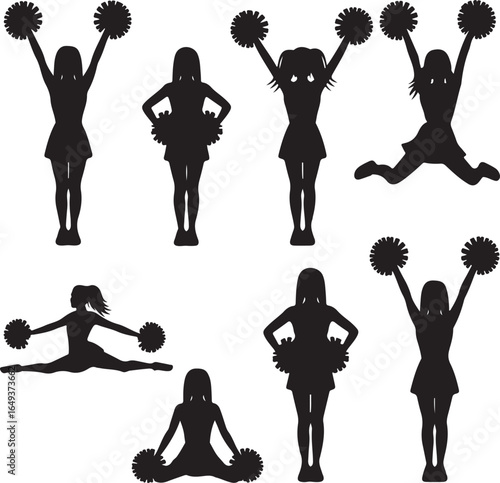 Seven Cheerleader Silhouettes Posing with Pom Poms on White Background Keywords: cheerleader