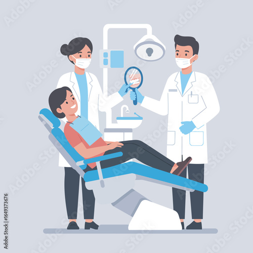 Smiling patient getting a dental checkup with professional dentist and assistant in modern medical clinic